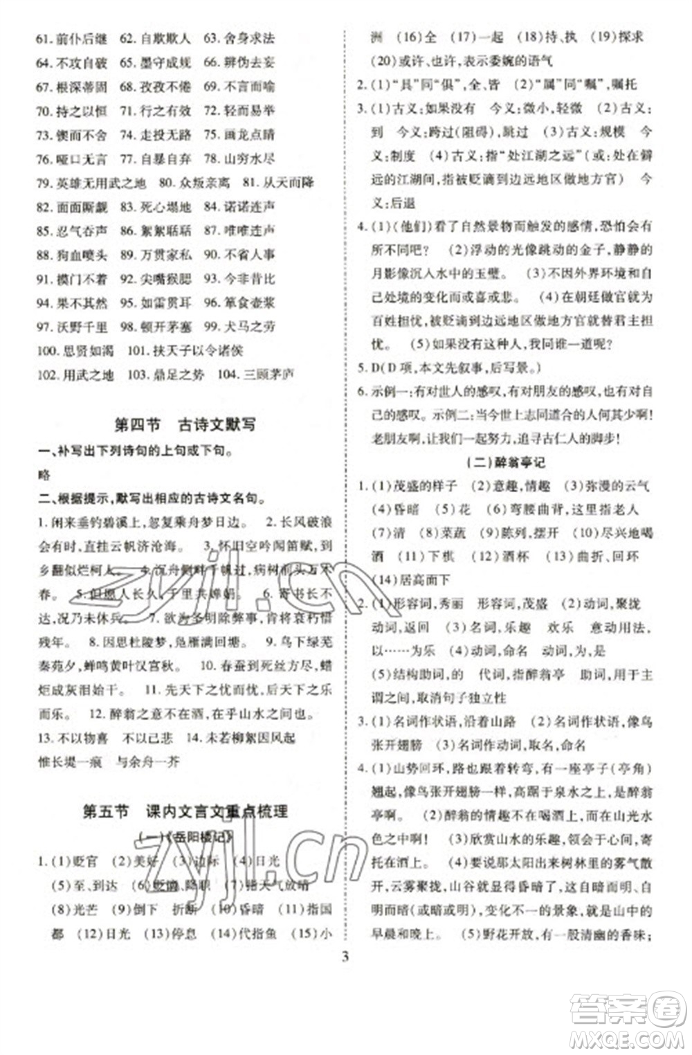 天津教育出版社2023寒假課程練習(xí)九年級語文人教版參考答案