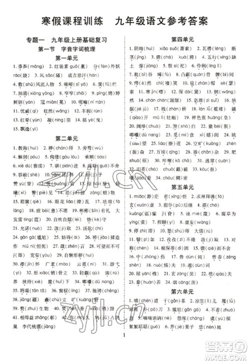 天津教育出版社2023寒假課程練習(xí)九年級語文人教版參考答案