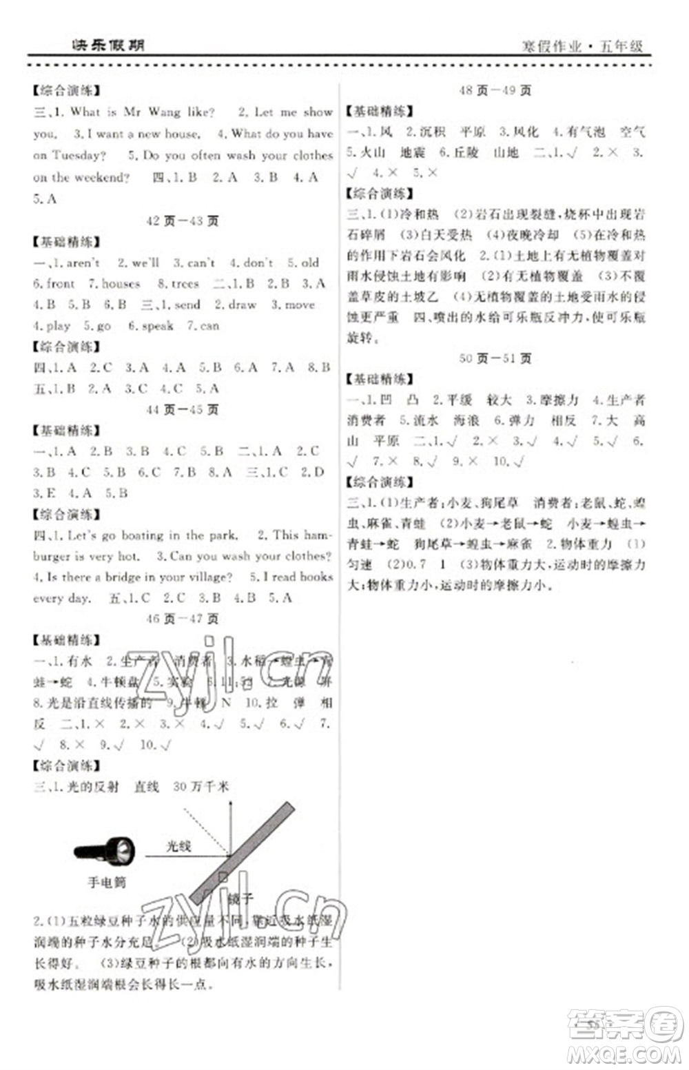 寧波出版社2023快樂(lè)假期寒假作業(yè)五年級(jí)合訂本通用版參考答案