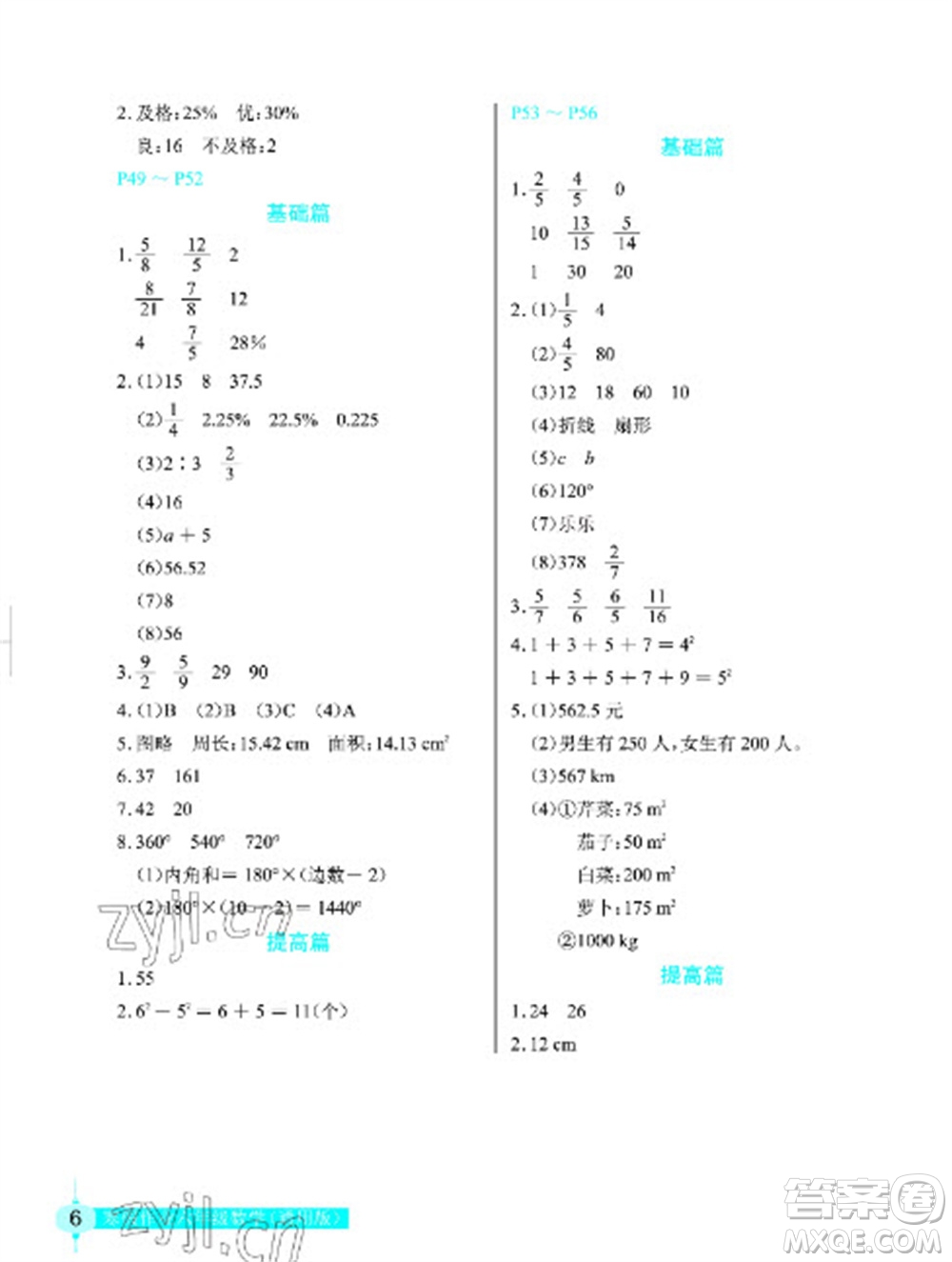 長(zhǎng)江少年兒童出版社2023寒假作業(yè)六年級(jí)數(shù)學(xué)人教版參考答案