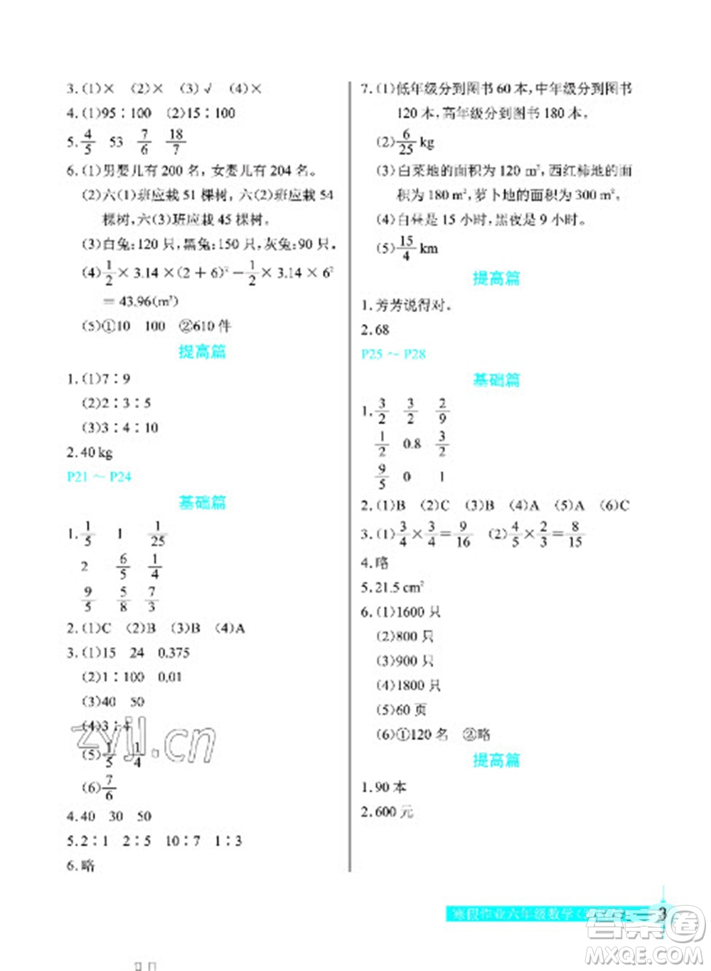 長(zhǎng)江少年兒童出版社2023寒假作業(yè)六年級(jí)數(shù)學(xué)人教版參考答案