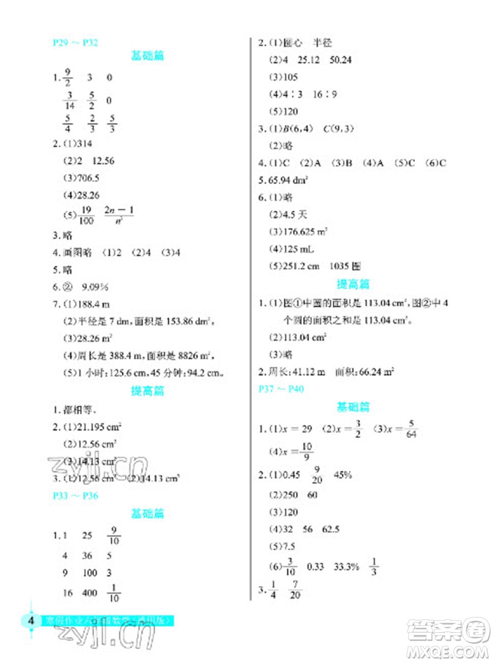 長(zhǎng)江少年兒童出版社2023寒假作業(yè)六年級(jí)數(shù)學(xué)人教版參考答案