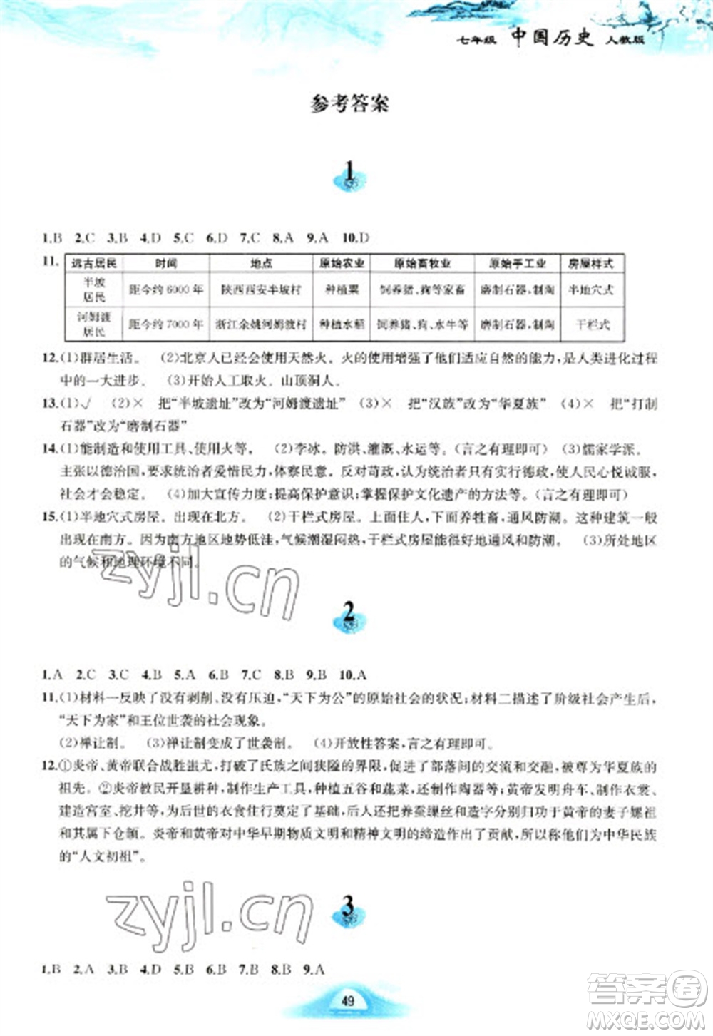 黃山書(shū)社2023寒假作業(yè)七年級(jí)中國(guó)歷史人教版參考答案