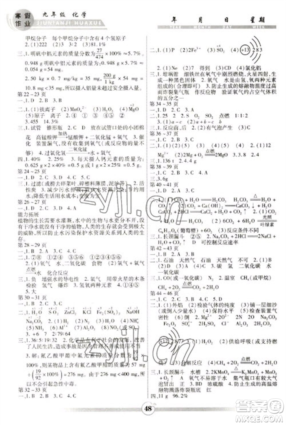 云南科技出版社2023智趣寒假作業(yè)九年級化學(xué)人教版參考答案