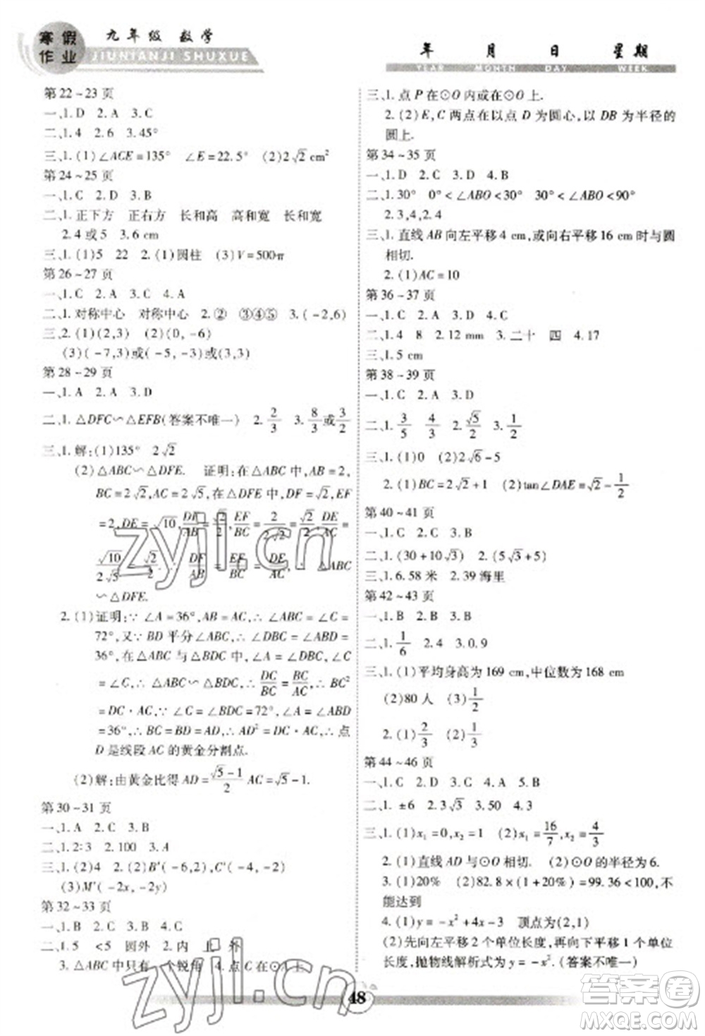 云南科技出版社2023智趣寒假作業(yè)九年級數(shù)學(xué)人教版參考答案