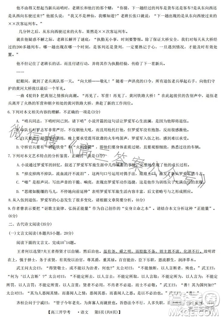 2023年九師聯盟1月高三開學考新高考語文試卷答案