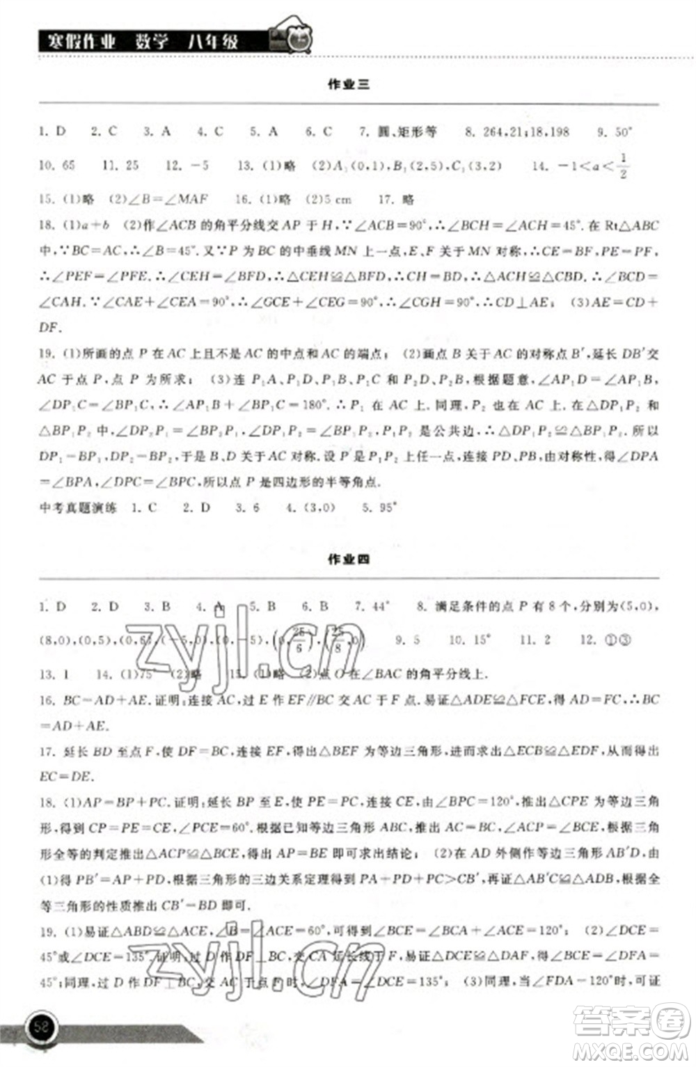 湖北教育出版社2023長(zhǎng)江作業(yè)本寒假作業(yè)八年級(jí)數(shù)學(xué)人教版參考答案