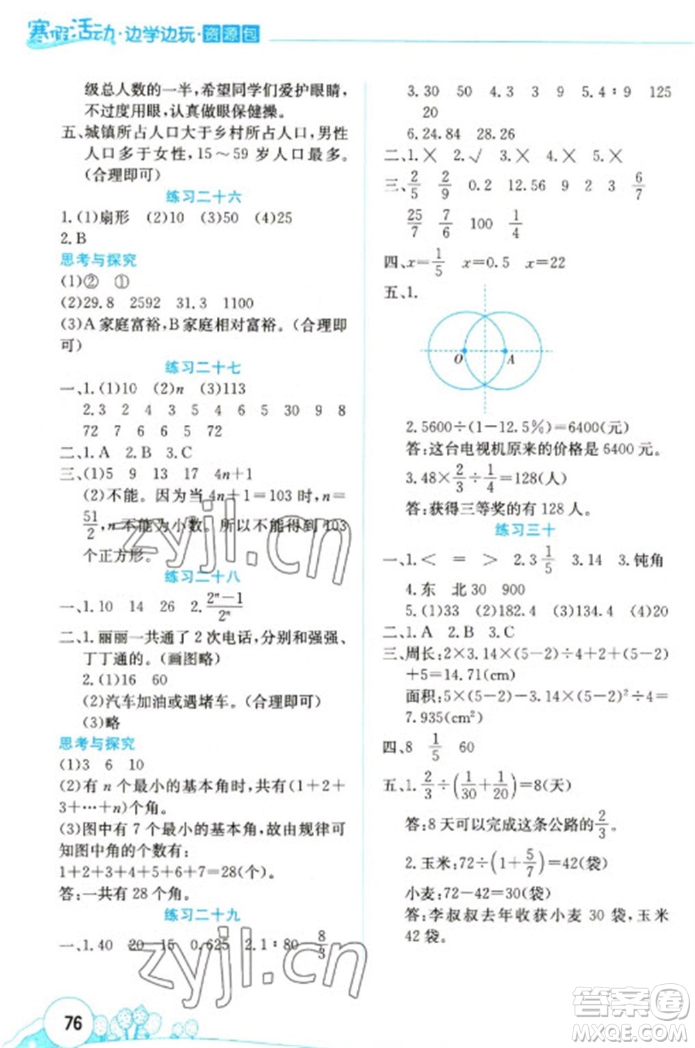 云南大學(xué)出版社2023寒假活動邊學(xué)邊玩資源包六年級數(shù)學(xué)通用版參考答案