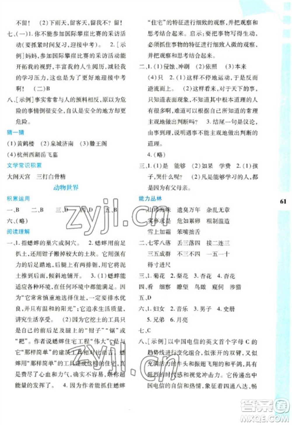 陜西人民教育出版社2023寒假作業(yè)與生活七年級(jí)語文人教版參考答案