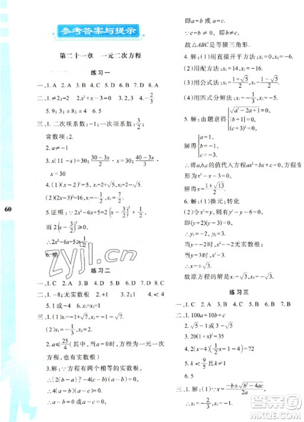 陜西人民教育出版社2023寒假作業(yè)與生活九年級數(shù)學(xué)人教版A版參考答案