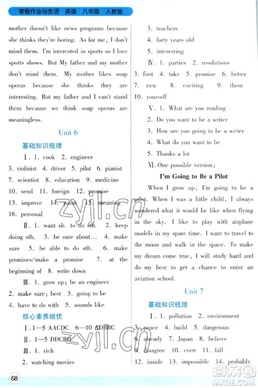 陜西師范大學(xué)出版總社2023寒假作業(yè)與生活八年級(jí)英語人教版參考答案