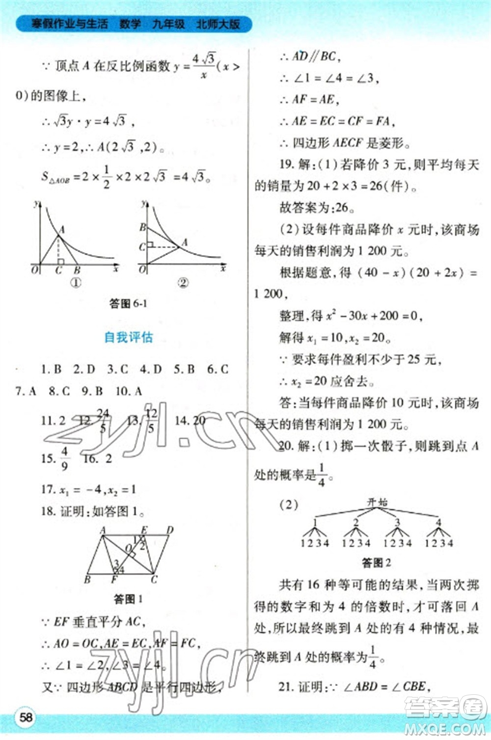 陜西師范大學(xué)出版總社2023寒假作業(yè)與生活九年級數(shù)學(xué)北師大版參考答案