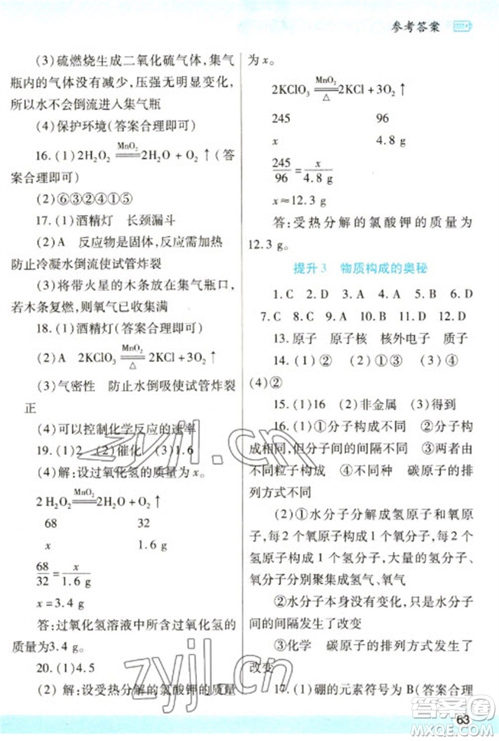 陜西師范大學(xué)出版總社2023寒假作業(yè)與生活九年級化學(xué)人教版參考答案