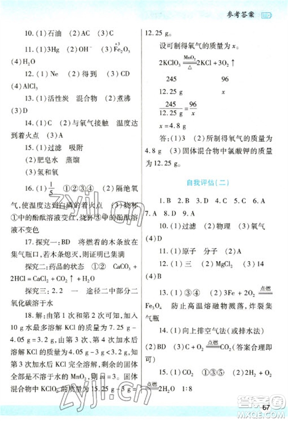 陜西師范大學(xué)出版總社2023寒假作業(yè)與生活九年級化學(xué)人教版參考答案