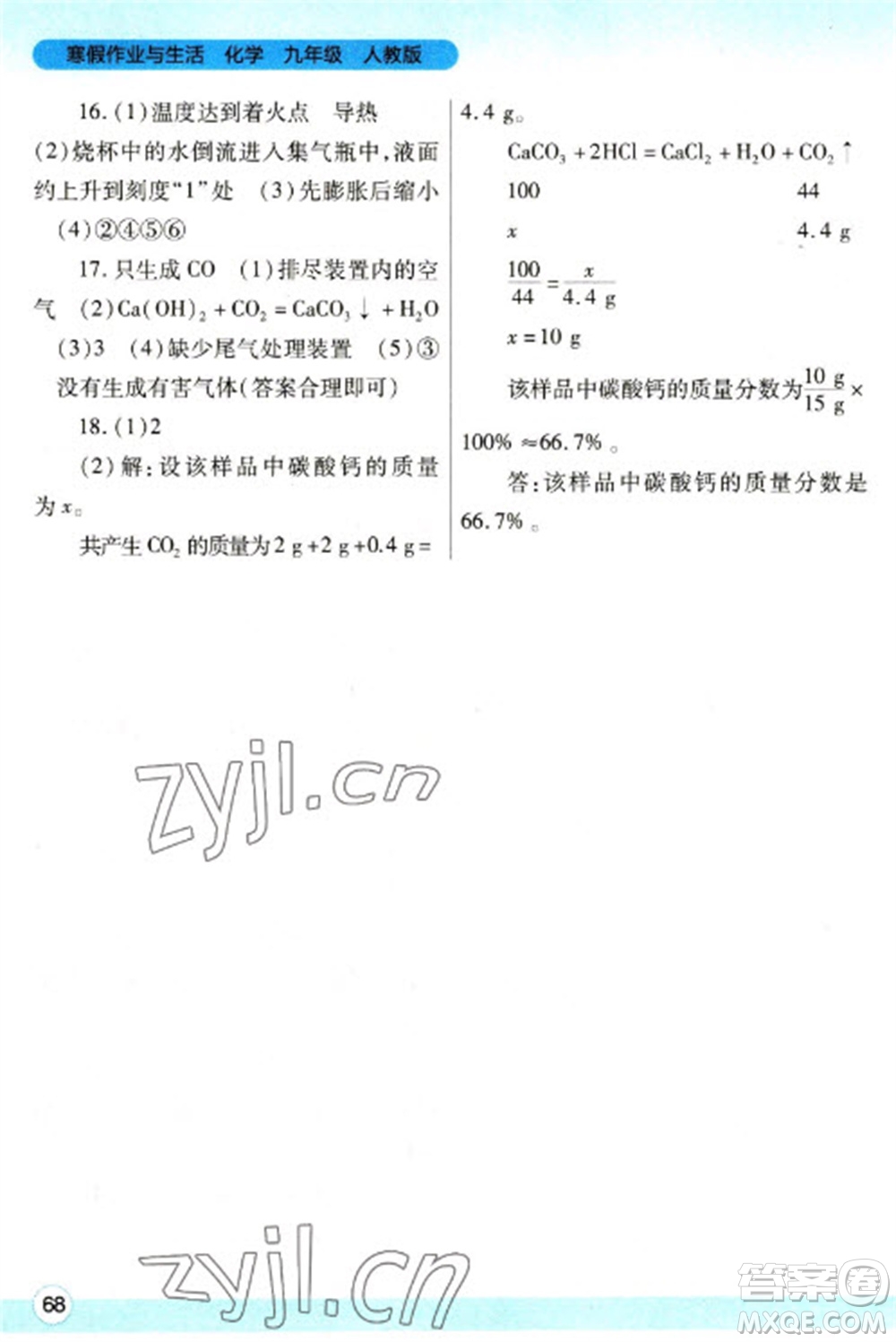陜西師范大學(xué)出版總社2023寒假作業(yè)與生活九年級化學(xué)人教版參考答案
