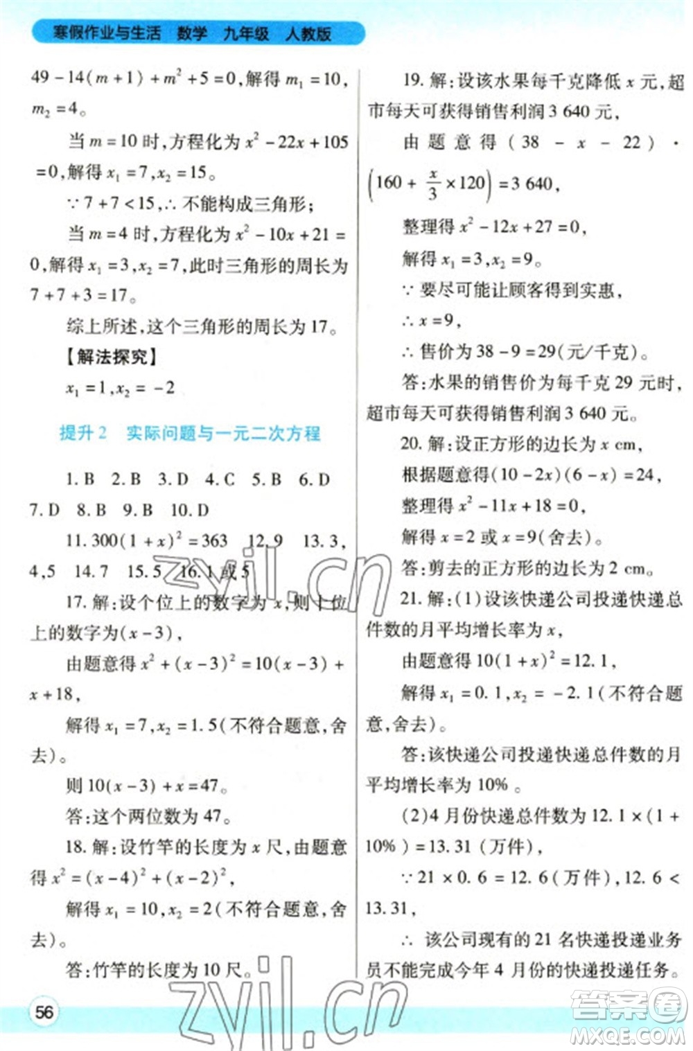 陜西師范大學出版總社2023寒假作業(yè)與生活九年級數(shù)學人教版參考答案