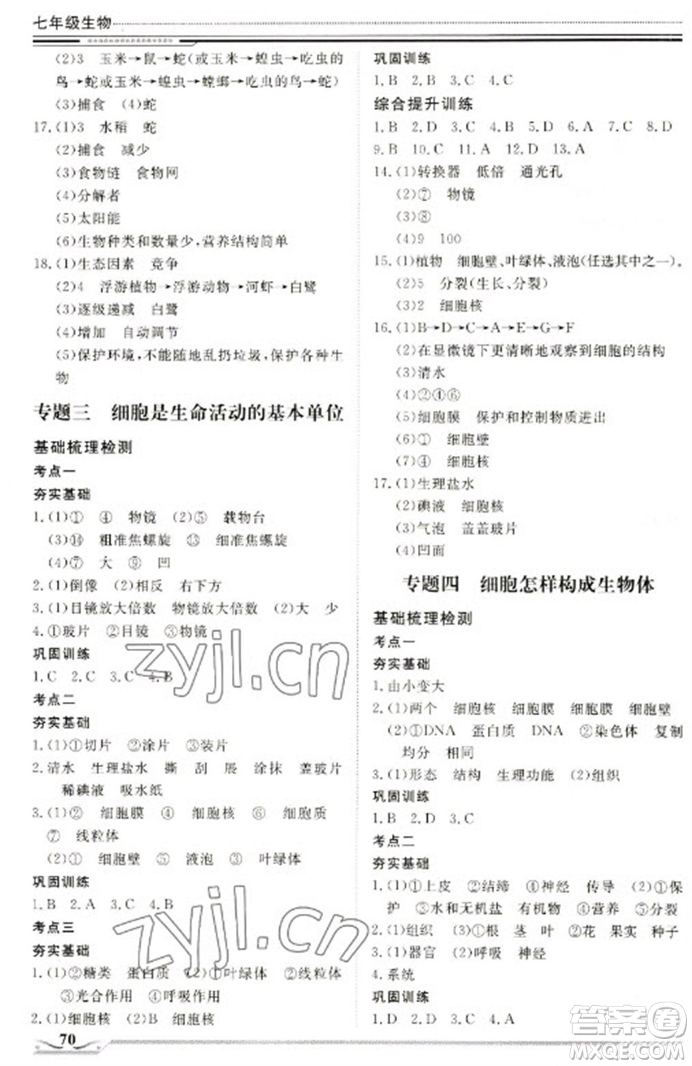 北京工業(yè)大學出版社2023文軒假期生活指導七年級生物通用版參考答案