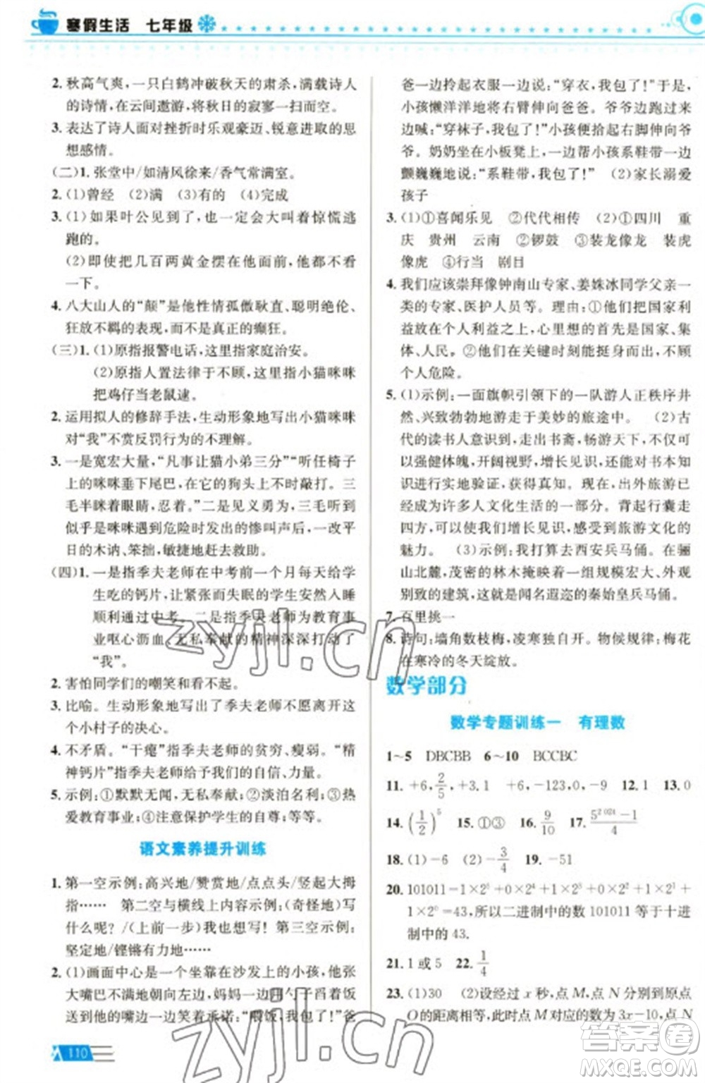安徽科學(xué)技術(shù)出版社2023寒假生活七年級語數(shù)外合訂本通用版參考答案