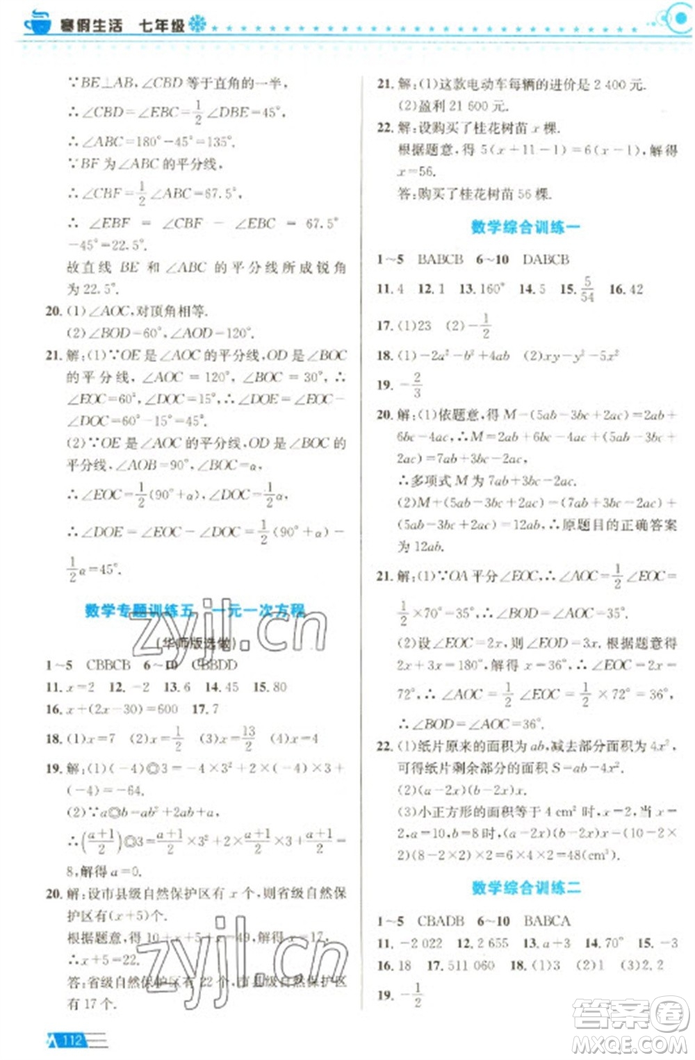 安徽科學(xué)技術(shù)出版社2023寒假生活七年級語數(shù)外合訂本通用版參考答案