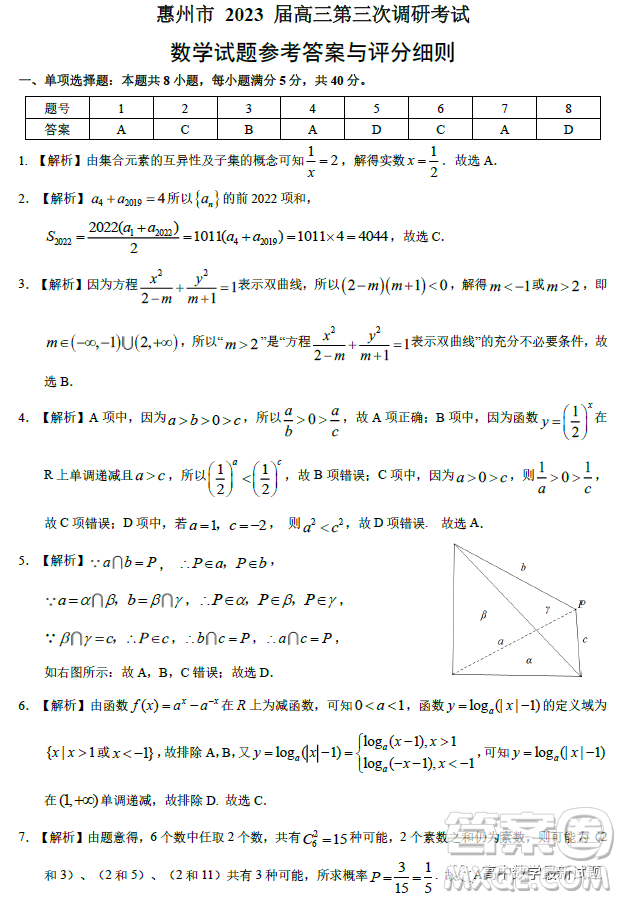 惠州市2023屆高三第三次調(diào)研考試數(shù)學(xué)試題答案