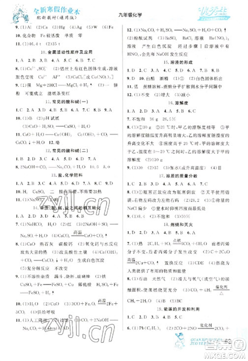 延邊人民出版社2023優(yōu)秀生快樂(lè)假期每一天全新寒假作業(yè)本九年級(jí)化學(xué)人教版中考復(fù)習(xí)版參考答案