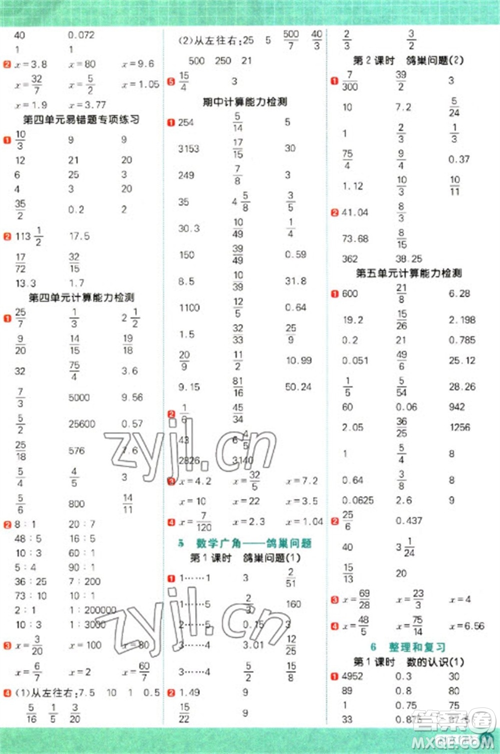江西教育出版社2023陽光同學(xué)計算小達(dá)人六年級下冊數(shù)學(xué)人教版參考答案