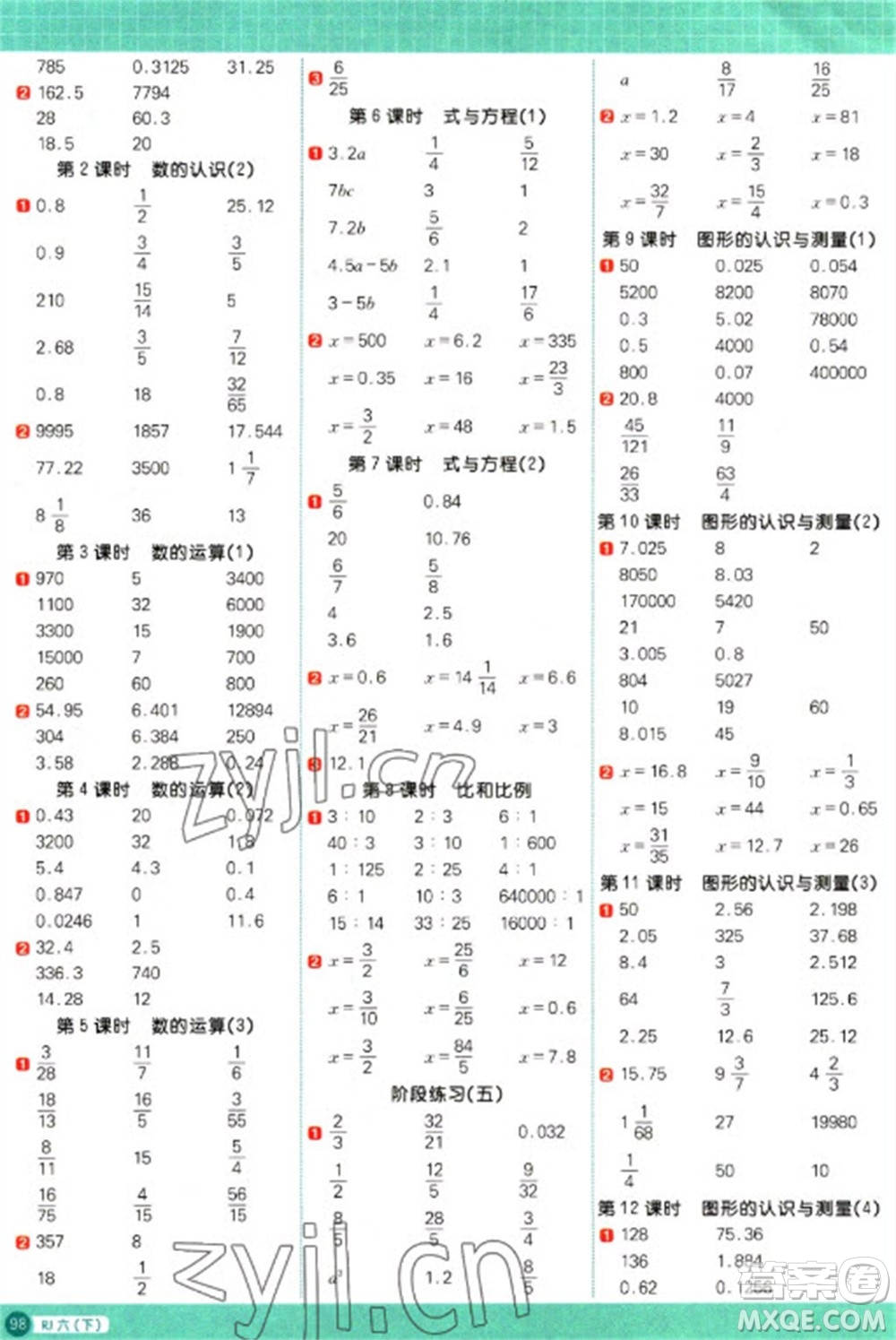 江西教育出版社2023陽光同學(xué)計算小達(dá)人六年級下冊數(shù)學(xué)人教版參考答案