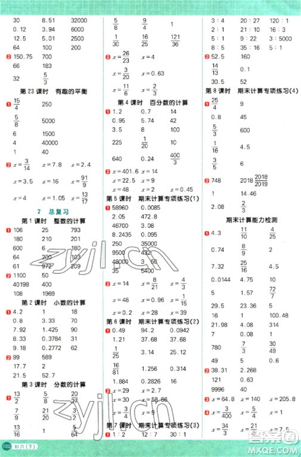 江西教育出版社2023陽光同學(xué)計算小達(dá)人六年級下冊數(shù)學(xué)人教版參考答案
