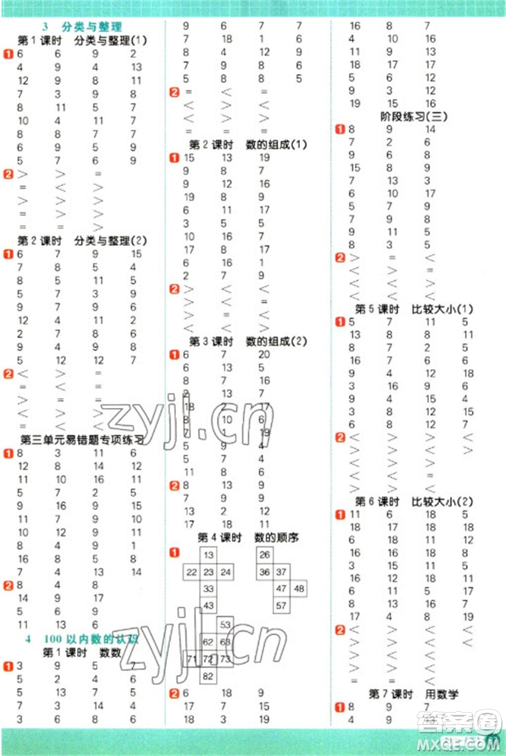 江西教育出版社2023陽光同學計算小達人一年級下冊數(shù)學人教版參考答案