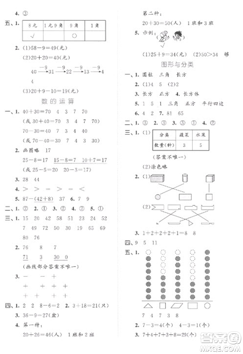 西安出版社2023春季53全優(yōu)卷一年級下冊數(shù)學人教版參考答案