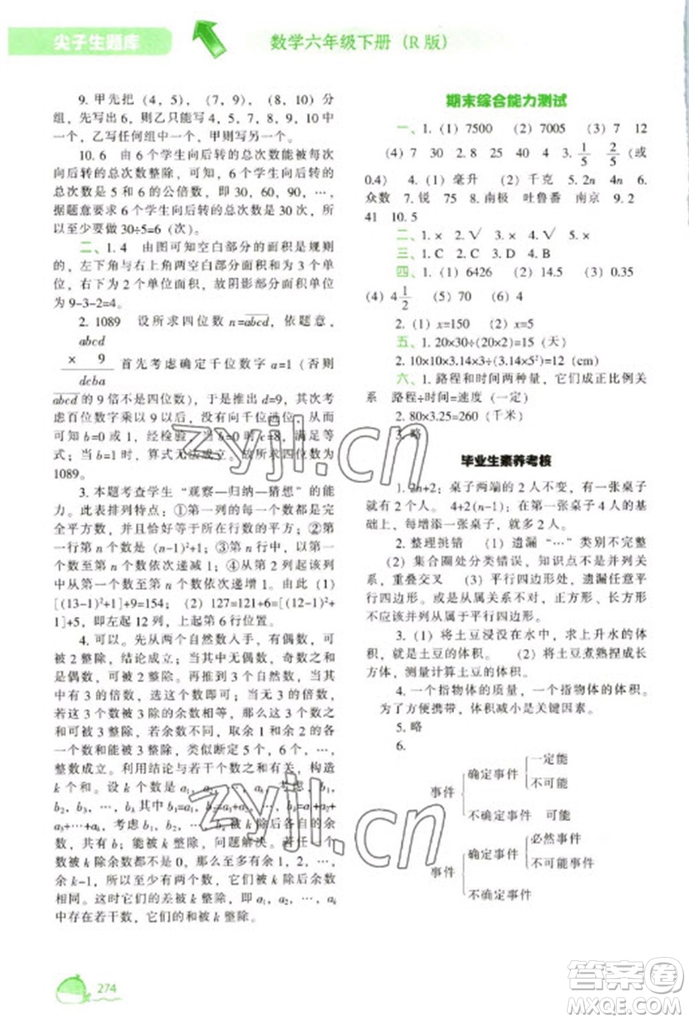 遼寧教育出版社2023尖子生題庫六年級下冊數學人教版參考答案