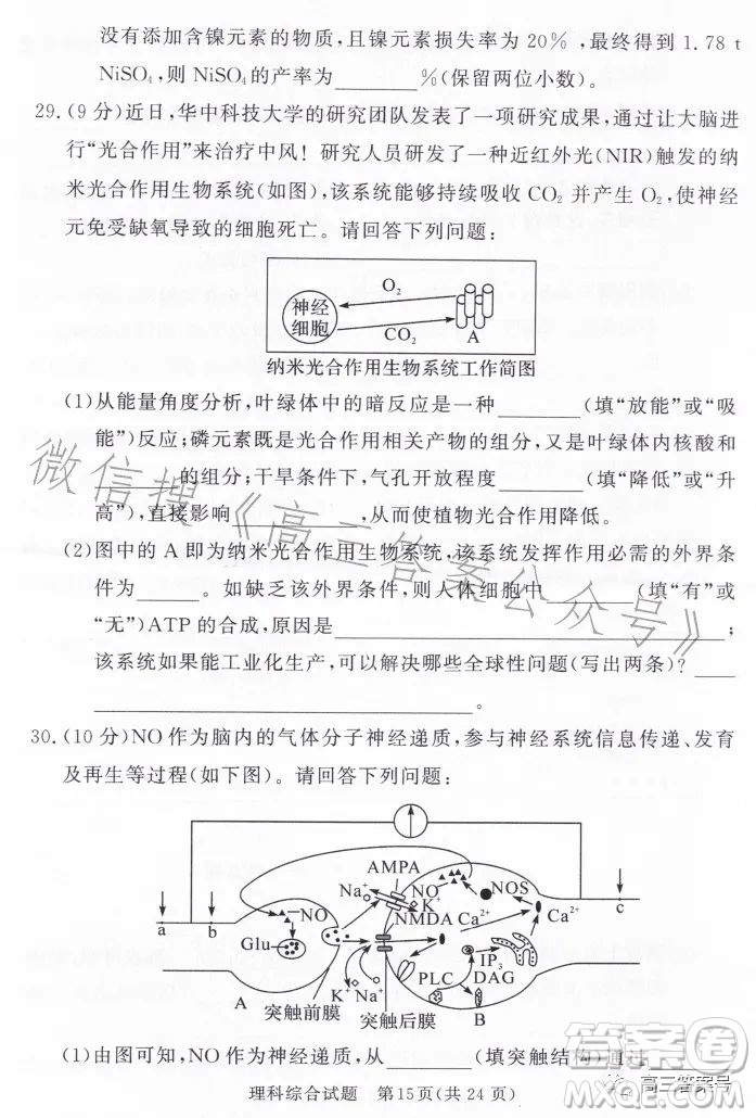 湘豫名校聯(lián)考2023年2月高三春季入學(xué)摸底考試理科綜合試卷答案