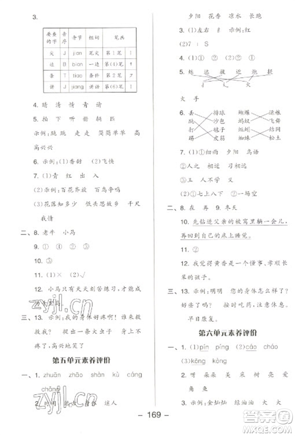 開明出版社2023全品學(xué)練考一年級(jí)下冊(cè)語文人教版參考答案