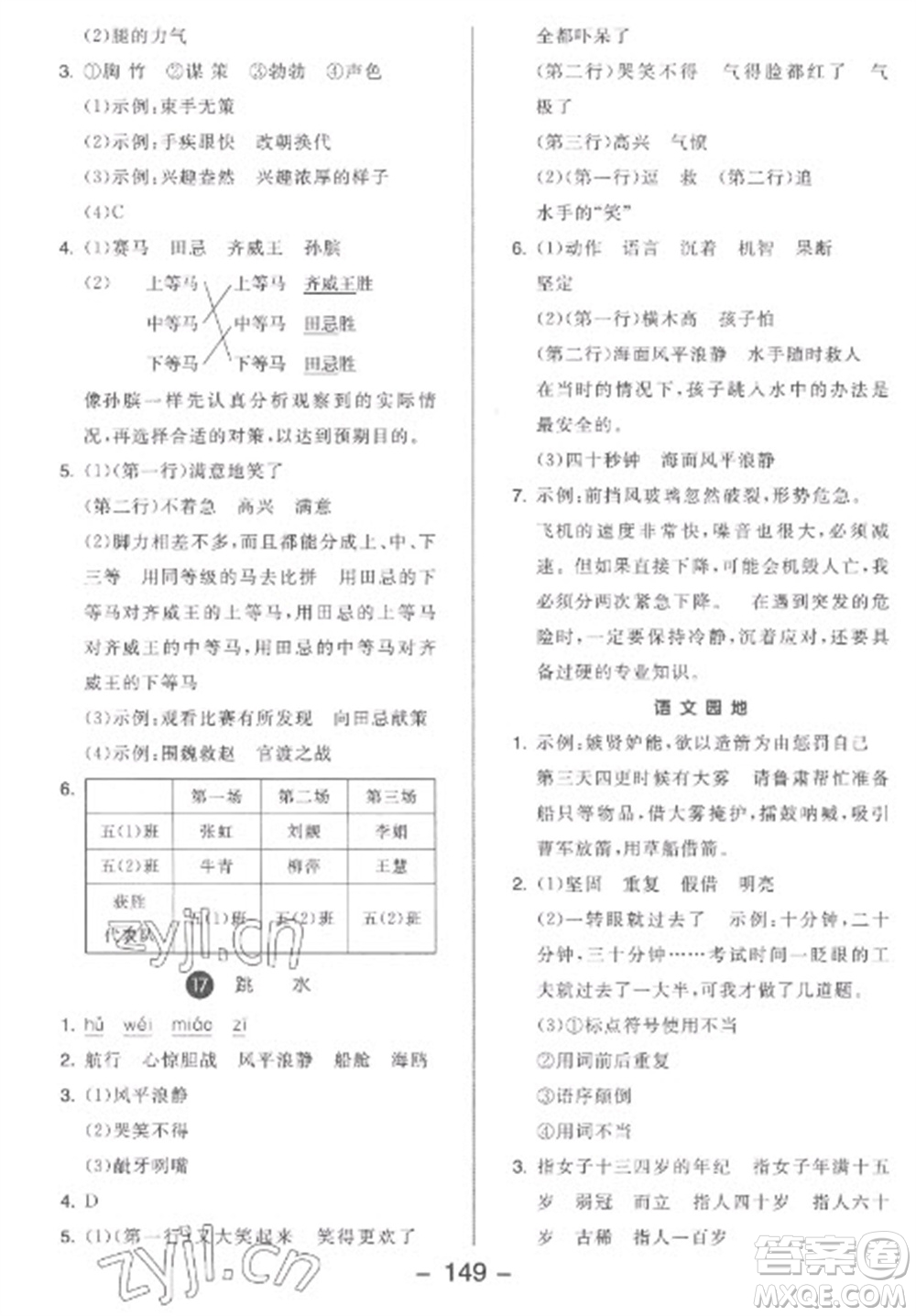 開明出版社2023全品學(xué)練考五年級(jí)下冊(cè)語文人教版參考答案