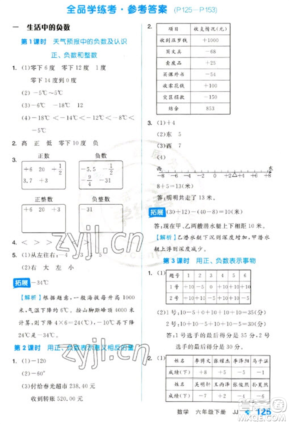 開(kāi)明出版社2023全品學(xué)練考六年級(jí)下冊(cè)數(shù)學(xué)冀教版參考答案