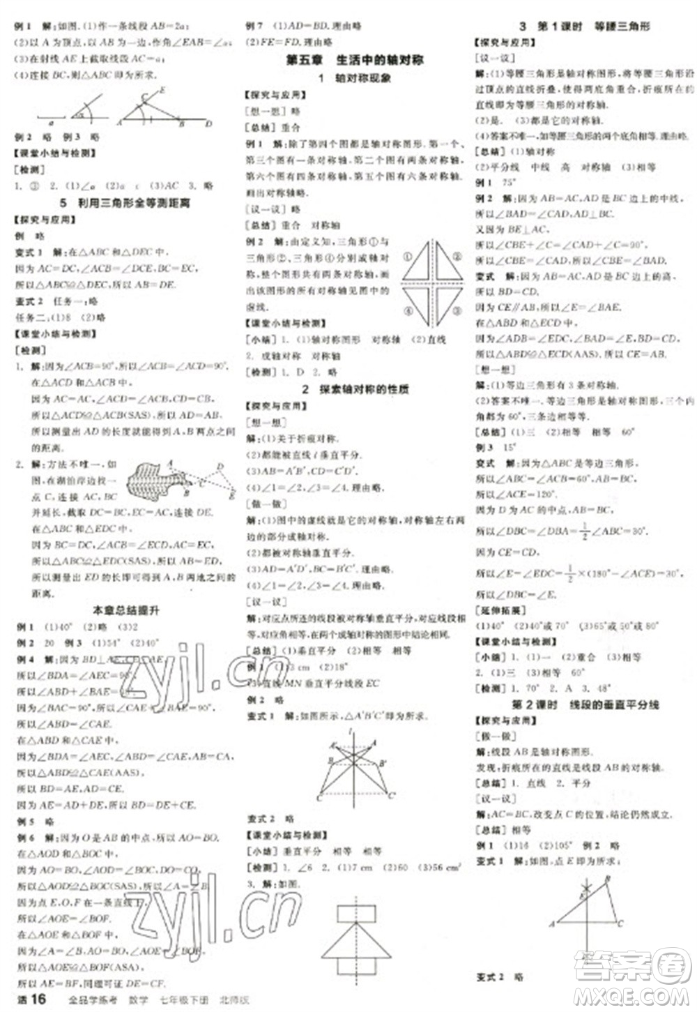 天津人民出版社2023全品學(xué)練考七年級下冊數(shù)學(xué)北師大版江西專版參考答案