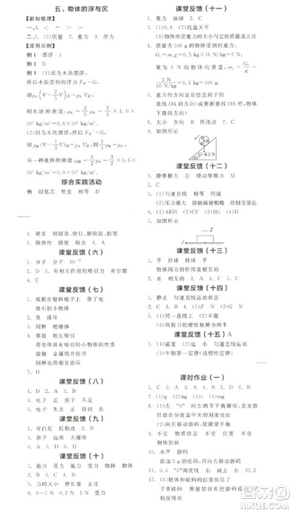 陽(yáng)光出版社2023全品學(xué)練考八年級(jí)下冊(cè)物理蘇科版參考答案