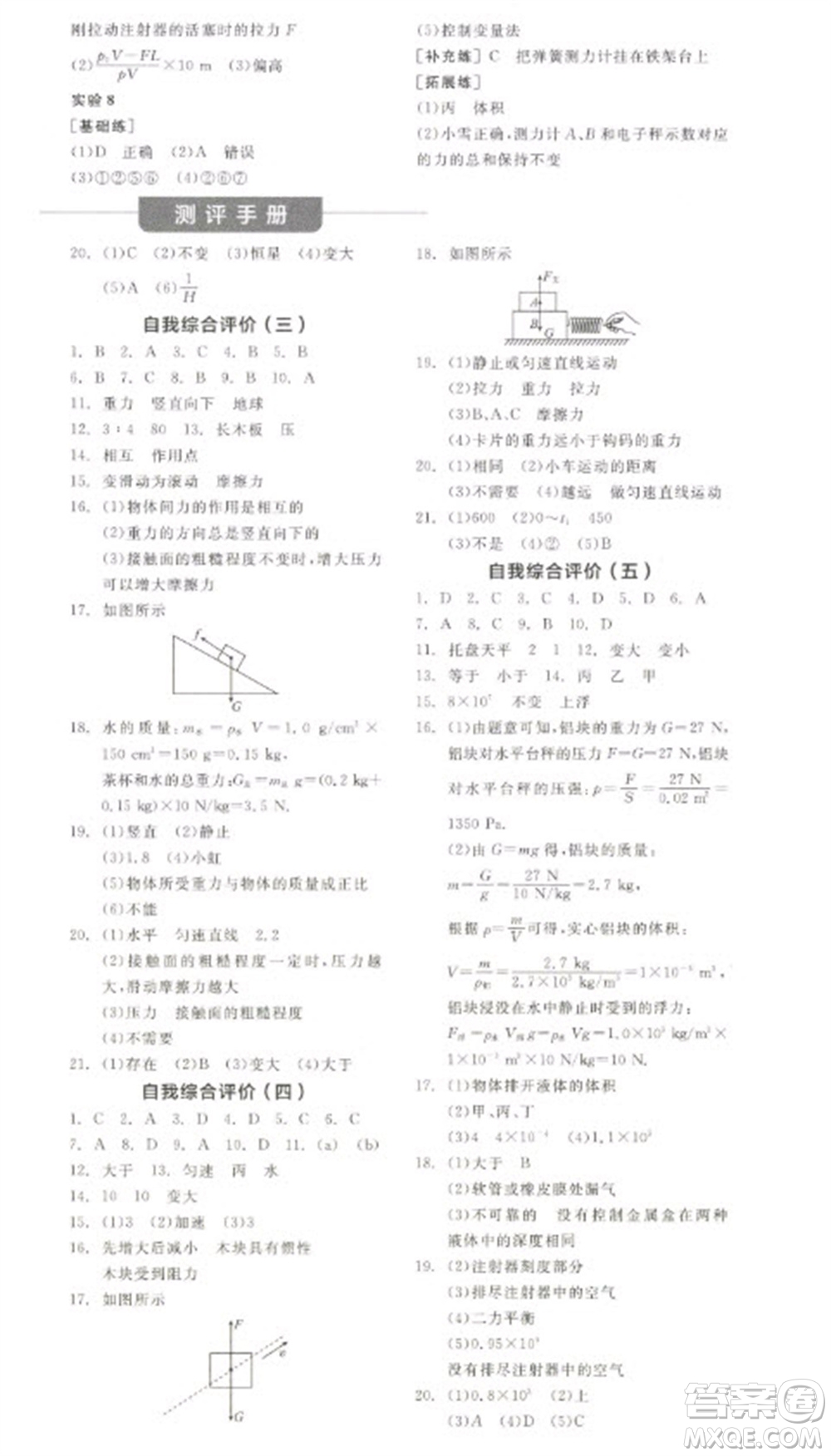 陽(yáng)光出版社2023全品學(xué)練考八年級(jí)下冊(cè)物理蘇科版參考答案