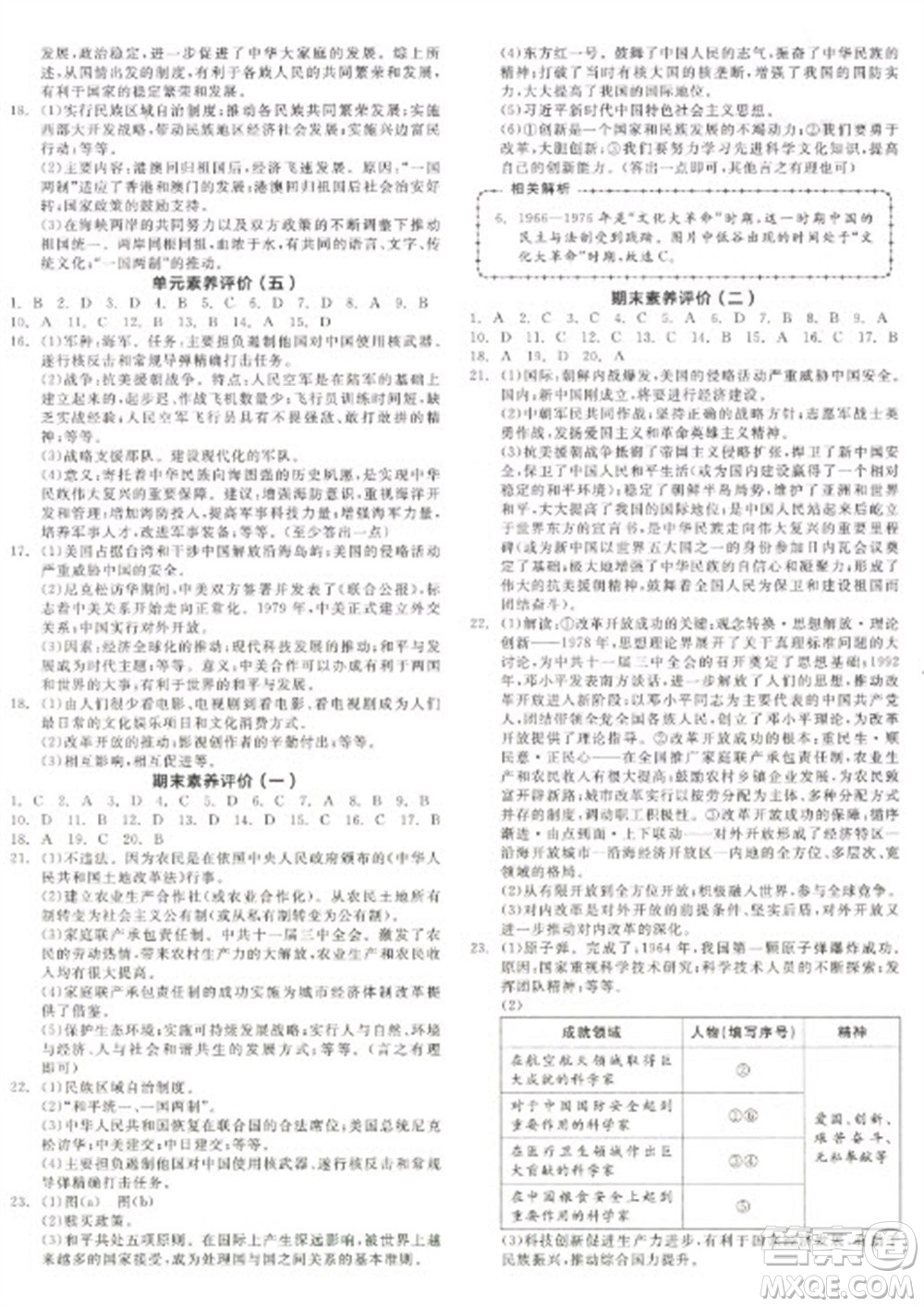 陽(yáng)光出版社2023全品學(xué)練考八年級(jí)下冊(cè)中國(guó)歷史人教版參考答案
