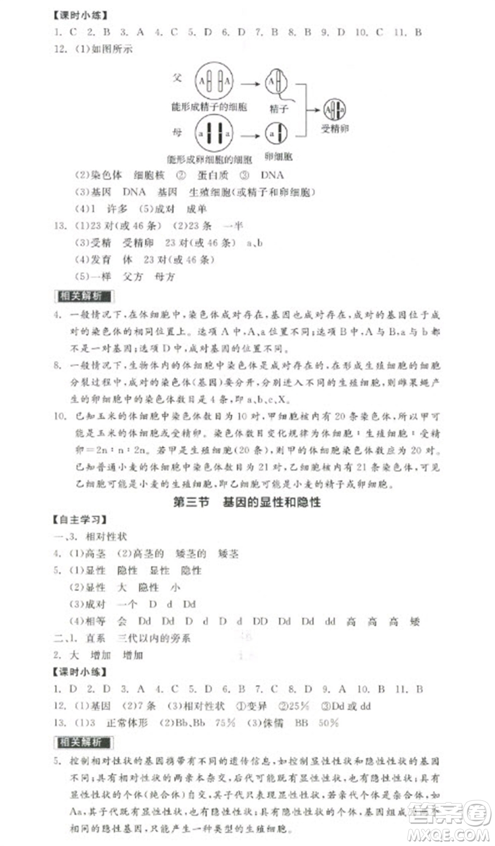 陽光出版社2023全品學(xué)練考八年級(jí)下冊(cè)生物人教版參考答案