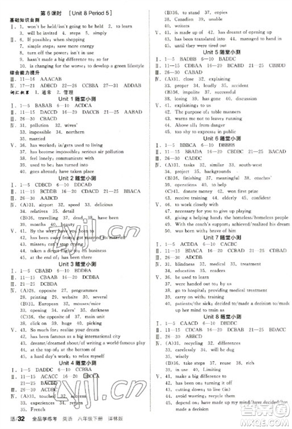北京時(shí)代華文書(shū)局2023全品學(xué)練考八年級(jí)下冊(cè)英語(yǔ)譯林版參考答案