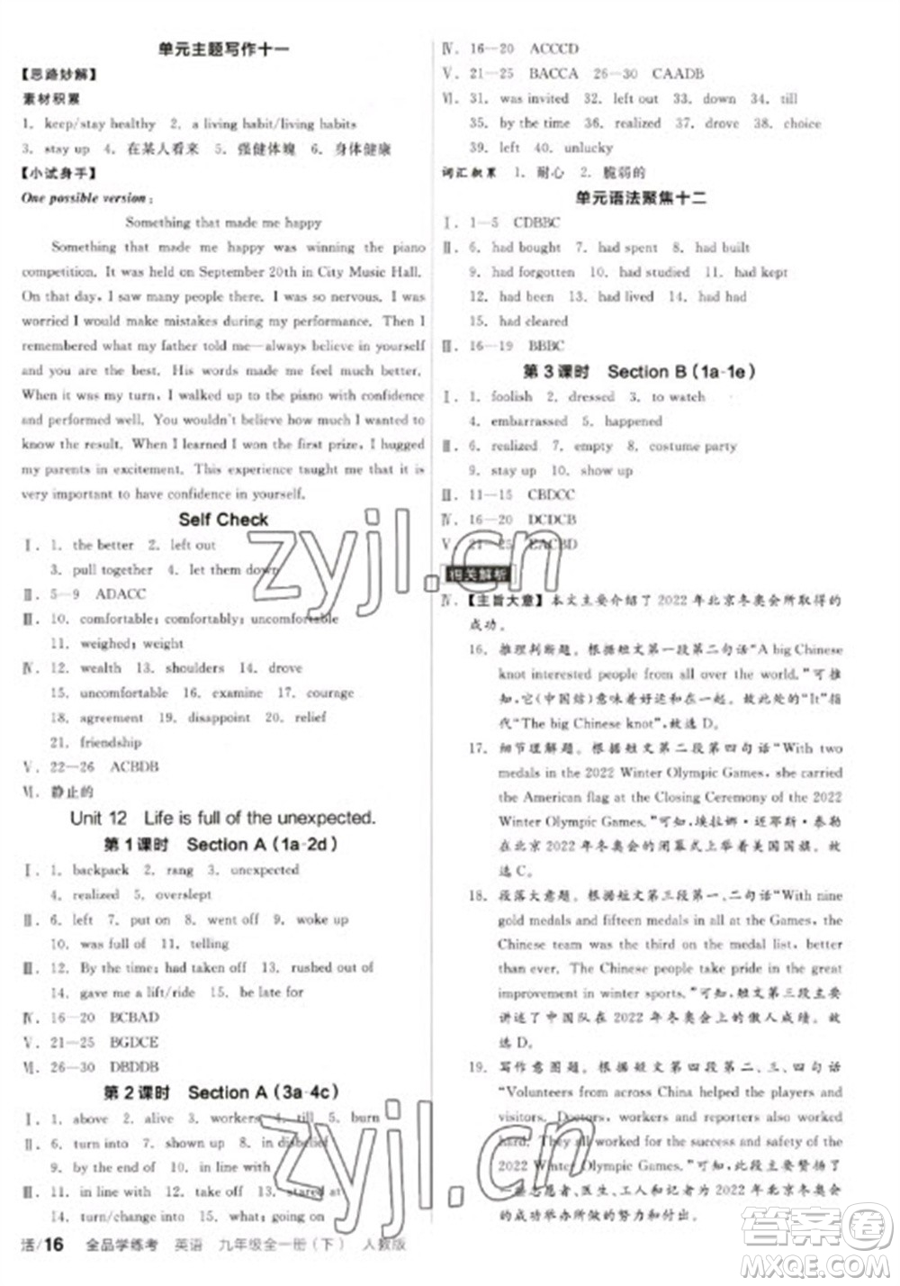 陽光出版社2023全品學(xué)練考九年級(jí)下冊英語人教版參考答案