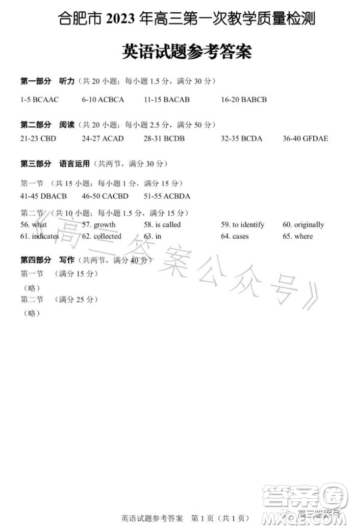 合肥市2023年高三第一次教學(xué)質(zhì)量檢測英語試卷答案