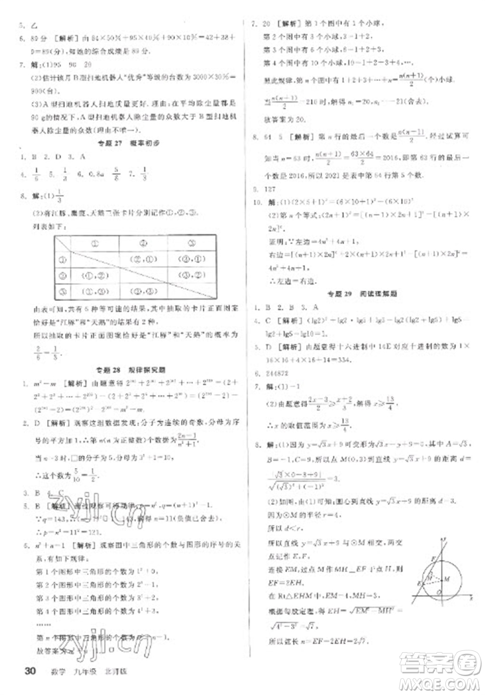 陽光出版社2023全品學(xué)練考九年級下冊數(shù)學(xué)北師大版參考答案
