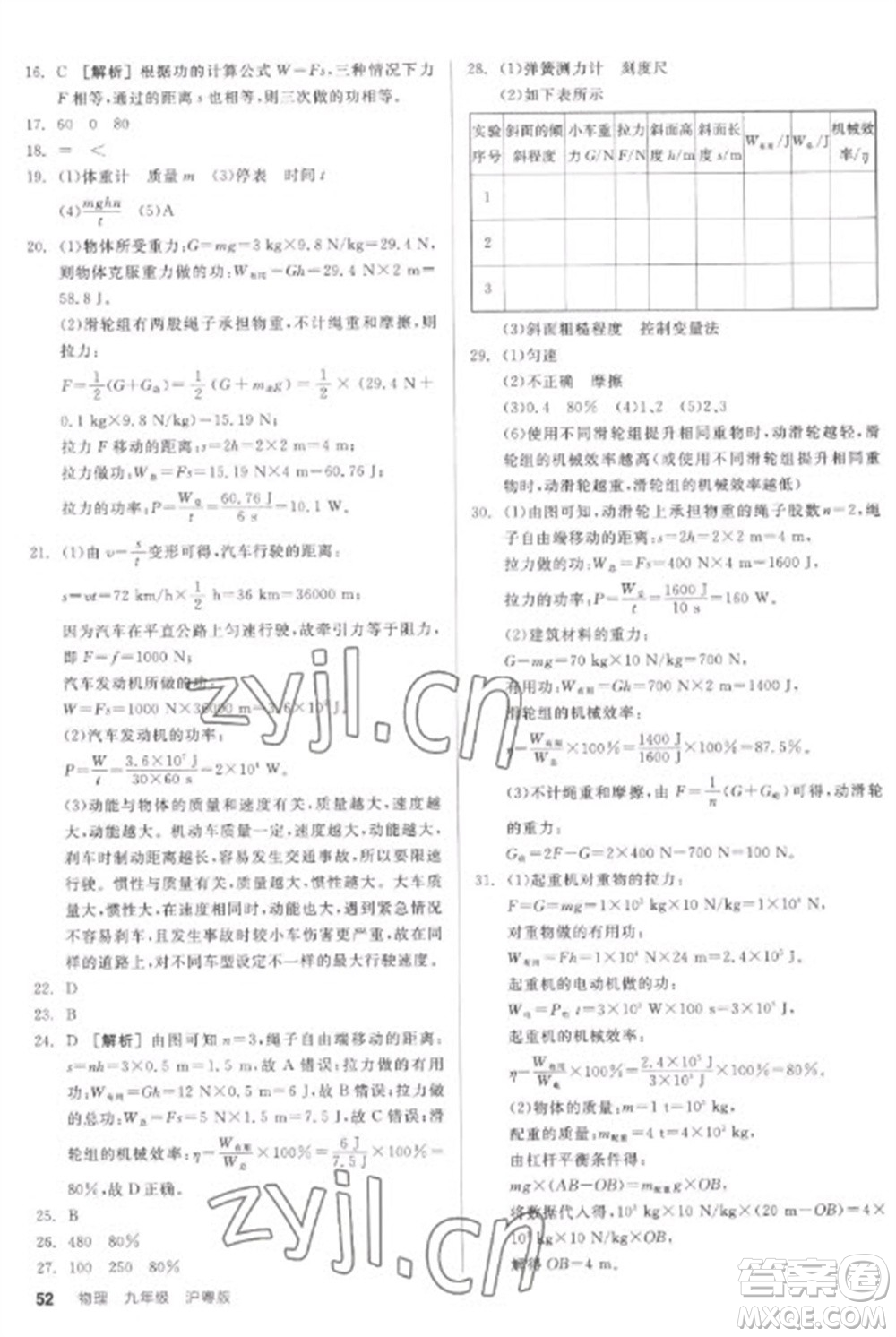 陽光出版社2023全品學練考九年級下冊物理滬粵版參考答案