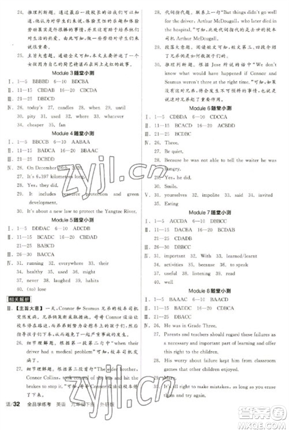 陽光出版社2023全品學(xué)練考九年級下冊英語外研版參考答案