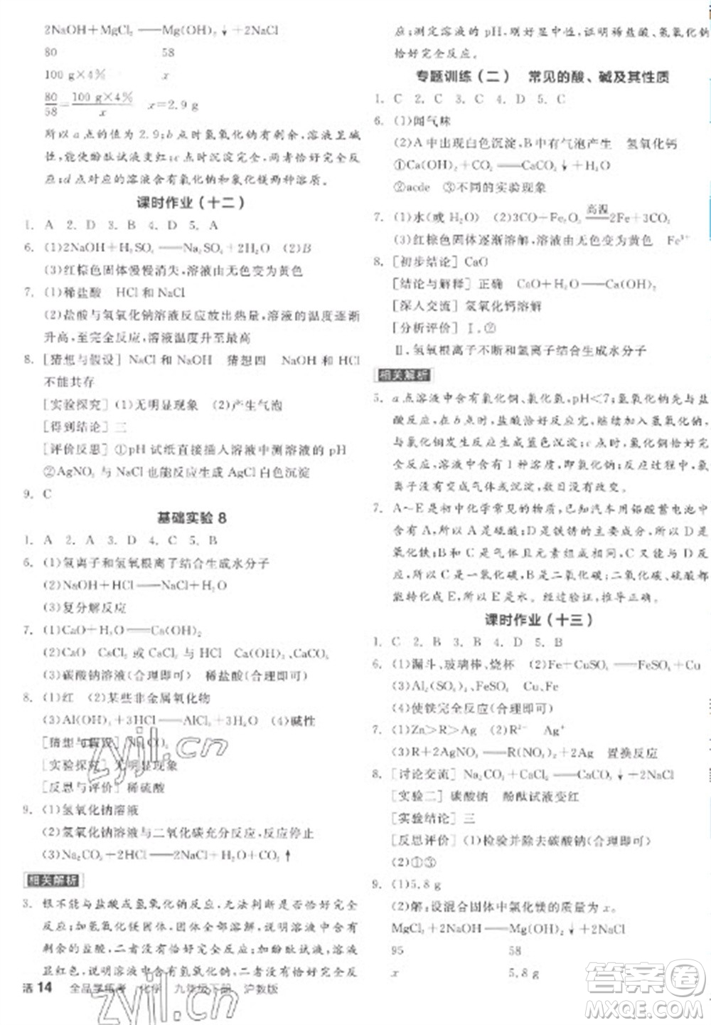 陽光出版社2023全品學(xué)練考九年級下冊化學(xué)滬教版參考答案