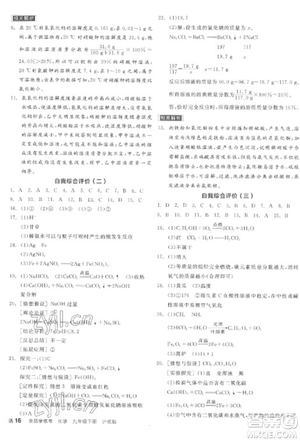 陽光出版社2023全品學(xué)練考九年級下冊化學(xué)滬教版參考答案
