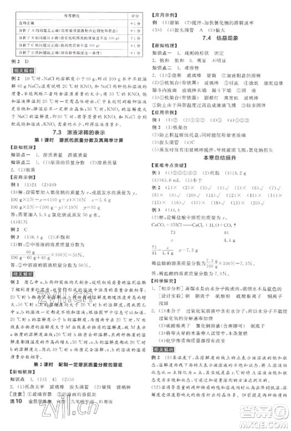 陽光出版社2023全品學(xué)練考九年級(jí)下冊(cè)化學(xué)科粵版參考答案