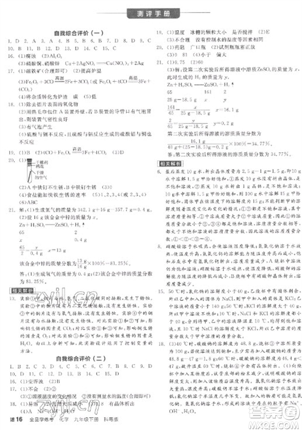 陽光出版社2023全品學(xué)練考九年級(jí)下冊(cè)化學(xué)科粵版參考答案